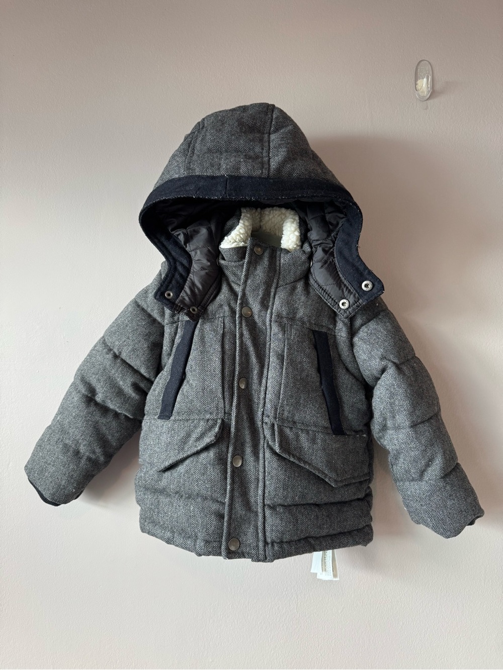 Zara Herringbone Wool Blend Sherpa Puffer Convertible Jacket Coat 3-4 Years